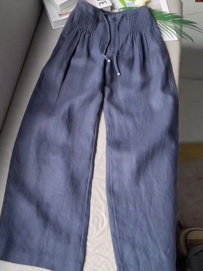 Lina™ | Women's Solid Pleated Drawstring Cotton-Linen Wide-Leg Pants
