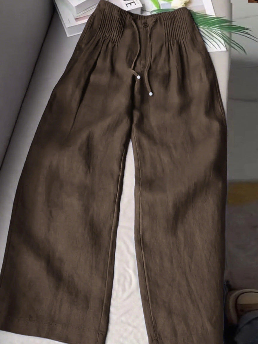 Lina™ | Women's Solid Pleated Drawstring Cotton-Linen Wide-Leg Pants