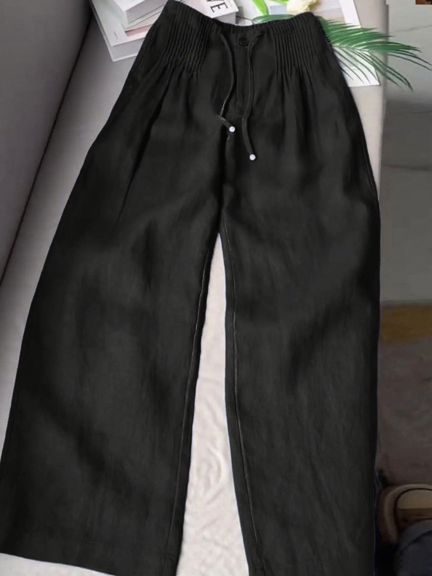 Lina™ | Women's Solid Pleated Drawstring Cotton-Linen Wide-Leg Pants