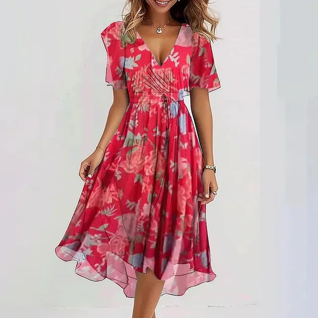 Elise - Red Midi Dress with Short Sleeves