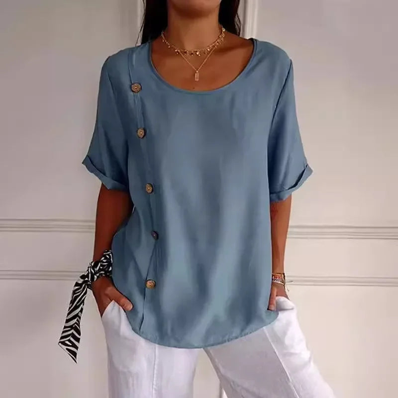 Elina™ | Button-Drape Elegant Blouse